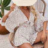 VCAY Women Floral Print Deep V-Neck Tie Front Jumpsuit For Vacation
