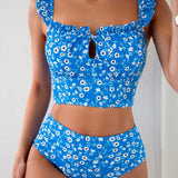Swim Conjunto de tankini para mujeres en vacaciones de playa con estampado floral, camiseta de tankini con mangas de volantes y nudo delantero y pantalones cortos a Set