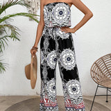 VCAY Women Floral Print Holiday Style Strapless Jumpsuit With Loose Fit