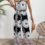 VCAY Women Floral Print Holiday Style Strapless Jumpsuit With Loose Fit