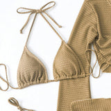 Swim Conjunto de bikini de cuello halter solido y texturizado para mujer con cubierta para la playa