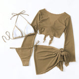 Swim Conjunto de bikini de cuello halter solido y texturizado para mujer con cubierta para la playa