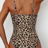 Swim Traje de bano de una pieza de malla transparente con estampado de leopardo y parche floral para vacaciones en la playa en talla grande