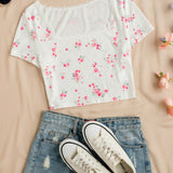 WYWH Camiseta de manga corta con parches florales de encaje minimalista y ocio para vacaciones