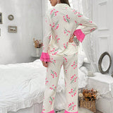 Conjunto de ropa de dormir para mujeres, con estampado floral de manga acampanada y pantalones en colores contrastantes