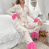 Conjunto de ropa de dormir para mujeres, con estampado floral de manga acampanada y pantalones en colores contrastantes