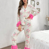 Conjunto de ropa de dormir para mujeres, con estampado floral de manga acampanada y pantalones en colores contrastantes