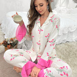 Conjunto de ropa de dormir para mujeres, con estampado floral de manga acampanada y pantalones en colores contrastantes