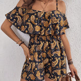 VCAY Vintage Off-Shoulder Printed Jumpsuit With Ruffle Hem For Women Holiday Outfit