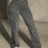 Pantalones cargo con pierna recta y bolsillo de solapa elegante para mujer