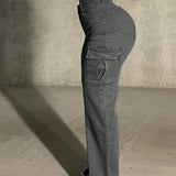 Pantalones cargo con pierna recta y bolsillo de solapa elegante para mujer