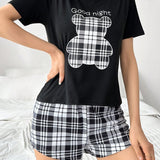 Conjunto De Pijama De CamiConjuntoa Y Pantalones Cortos Con Estampado Escoces De Oso