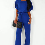 Women Round Neck Solid Color Jumpsuit With Waist Belt For Spring And Summer Casual Wear