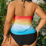 Swim Vcay Conjunto de trajes de bano para vacaciones en la playa incluyendo tallas grandes con diseno de palmeras y gradiente, con top solido con cuello halter ajustable y pantalon bikini triangular.