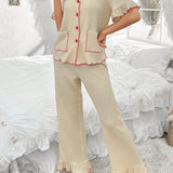 Conjunto de pijama para mujeres con diseno de cuello y bolsillo con ribete en contraste