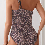 Swim Vestido de una pieza para mujer de hombro irregular con parches leopardo unicolor y diseno de hombro