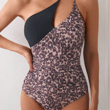 Swim Vestido de una pieza para mujer de hombro irregular con parches leopardo unicolor y diseno de hombro