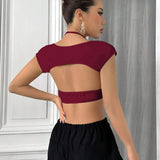 ICON Conjunto de dos piezas de moda que incluye un top micro corto y un top de cuello halter