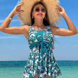 Swim Vcay Conjunto de tankini para mujer en impresion tropical aleatoria para vacaciones en la playa y verano, que incluye top de tanque estampado y fondo de natacion