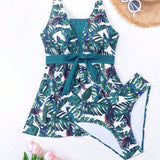 Swim Vcay Conjunto de tankini para mujer en impresion tropical aleatoria para vacaciones en la playa y verano, que incluye top de tanque estampado y fondo de natacion