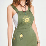 ROMWE Hippie Enterizo hippie para mujer con tirantes estampado con sol, luna y estrellas