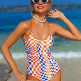 Swim Vcay Trajes De Bano De Una Sola Pieza Para Mujer, Estampado Aleatorio, Sin Soporte De Acero, Naranja Brillante, Diseno De Cuadros Deformados, Ropa De Playa Para Vacaciones