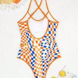 Swim Vcay Trajes De Bano De Una Sola Pieza Para Mujer, Estampado Aleatorio, Sin Soporte De Acero, Naranja Brillante, Diseno De Cuadros Deformados, Ropa De Playa Para Vacaciones