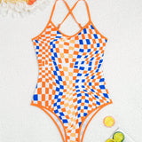 Swim Vcay Trajes De Bano De Una Sola Pieza Para Mujer, Estampado Aleatorio, Sin Soporte De Acero, Naranja Brillante, Diseno De Cuadros Deformados, Ropa De Playa Para Vacaciones