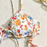 Swim Conjunto de parte superior de bikini de tirantes finos para damas con estampado floral y Bottom de bikini con lazos laterales (estampado aleatorio), diseno con soporte y sin realce, ideal para playa en verano