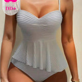 DD+ Conjunto de tankinis de un solo color para mujeres con copas grandes, traje de bano asimetrico con tirantes delgados separados y dobladillo para el hombro para la playa de verano