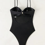 Swim Mujeres monokini de diseno simple de unicolor con aro y almohadillas con efecto push-up