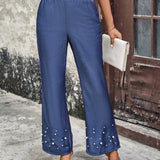 LUNE Pantalones rectos casuales para mujeres con decoracion de perlas falsas y bolsillos