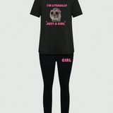 Slayr Set negro y blanco de dos piezas para mujer con diseno de estampado de hamster lindo en cuello redondo, camiseta de manga corta y pantalon ajustado con diseno de eslogan de moda y sexy