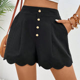 Frenchy Shorts Negros de mujer con botones decorativos dorados, cintura alta y dobladillo festoneado; Shorts de algodon 100% y lino, plisados y de moda para el verano