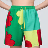 Neu Pantalones cortos casuales de cintura ajustable con cordon para mujeres con estampado de flores en bloque de color para primavera/verano