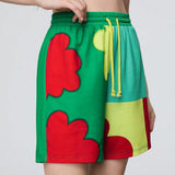 Neu Pantalones cortos casuales de cintura ajustable con cordon para mujeres con estampado de flores en bloque de color para primavera/verano