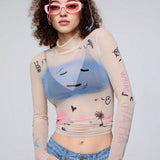 Neu Mujeres Top Casual Ajustado de Malla Estampado con Graffiti y Cuello Alto para Primavera y Verano