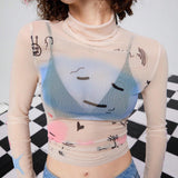 Neu Mujeres Top Casual Ajustado de Malla Estampado con Graffiti y Cuello Alto para Primavera y Verano