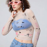 Neu Mujeres Top Casual Ajustado de Malla Estampado con Graffiti y Cuello Alto para Primavera y Verano