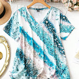 Plus Size Women Summer Tie Dye Printed V-Neck Short Sleeve Casual T-Shirt