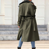 Mujeres chaqueta elegante de PU con cinturon, diseno de bolsillo, abrigo cortaviento versatil de longitud media y cuello.