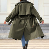 Mujeres chaqueta elegante de PU con cinturon, diseno de bolsillo, abrigo cortaviento versatil de longitud media y cuello.