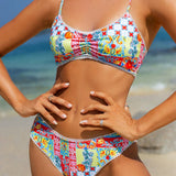 Swim Vcay Conjunto de bikini de espagueti estampado completo para damas, ideal para vacaciones en la playa, verano