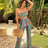 SXY Conjunto de top corto sin tirantes de ganchillo con rayas de colores y pantalones largos para vacaciones de verano, vacaciones en la playa BOHO