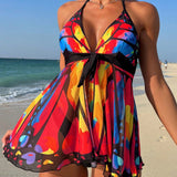 VCAY Conjunto de tankini sexy sin mangas con estilo de vacaciones para mujer con diseno de mariposa y cuello halter