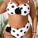 Swim Vcay Conjunto de traje de bano de bikini con estampado de lunares y decoracion de flores 3D para mujeres de talla grande en vacaciones