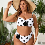 Swim Vcay Conjunto de traje de bano de bikini con estampado de lunares y decoracion de flores 3D para mujeres de talla grande en vacaciones
