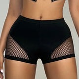 ICON Ropa de verano para mujer, pantalones cortos sexys de cintura baja con pliegues entrelazados de red de pesca ajustados al Body de color negro con estilo Y2K