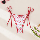 Swim Mod Fondo de bikini de tanga con estampado de cerezas y lazo decorativo para vacaciones en la playa de mujeres, impresion aleatoria