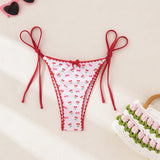 Swim Mod Fondo de bikini de tanga con estampado de cerezas y lazo decorativo para vacaciones en la playa de mujeres, impresion aleatoria